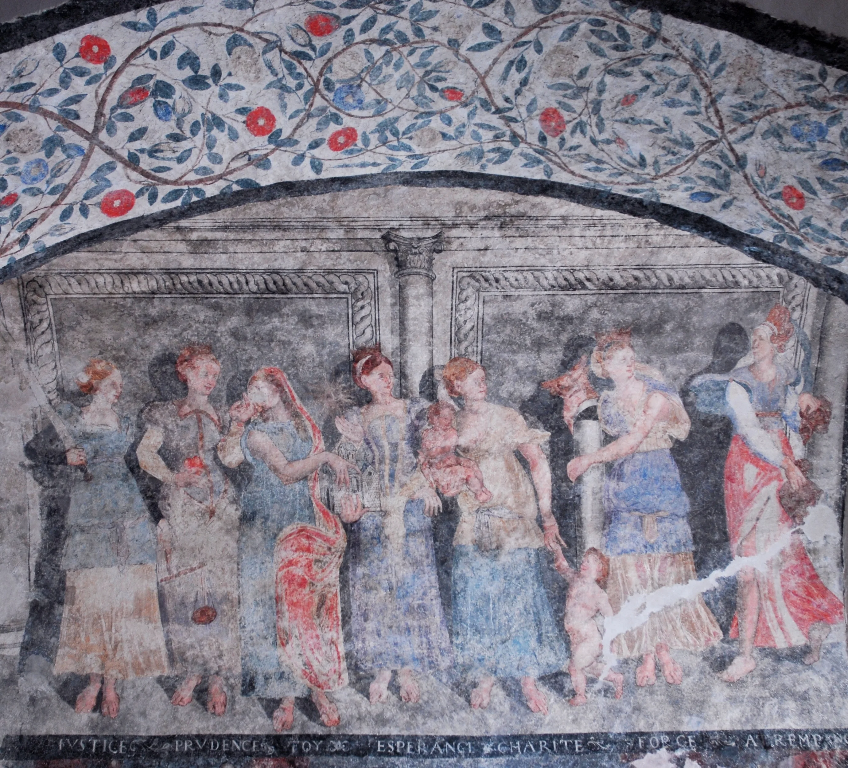 Pintura mural representant les virtuts a l'interior de l'església de Santa Eulària d'Unha. 